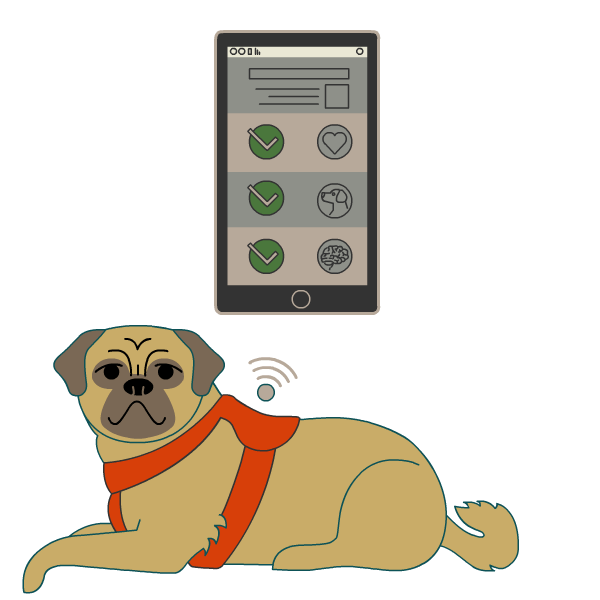 illustrated dog wearing a harness that is connecting to a phone app